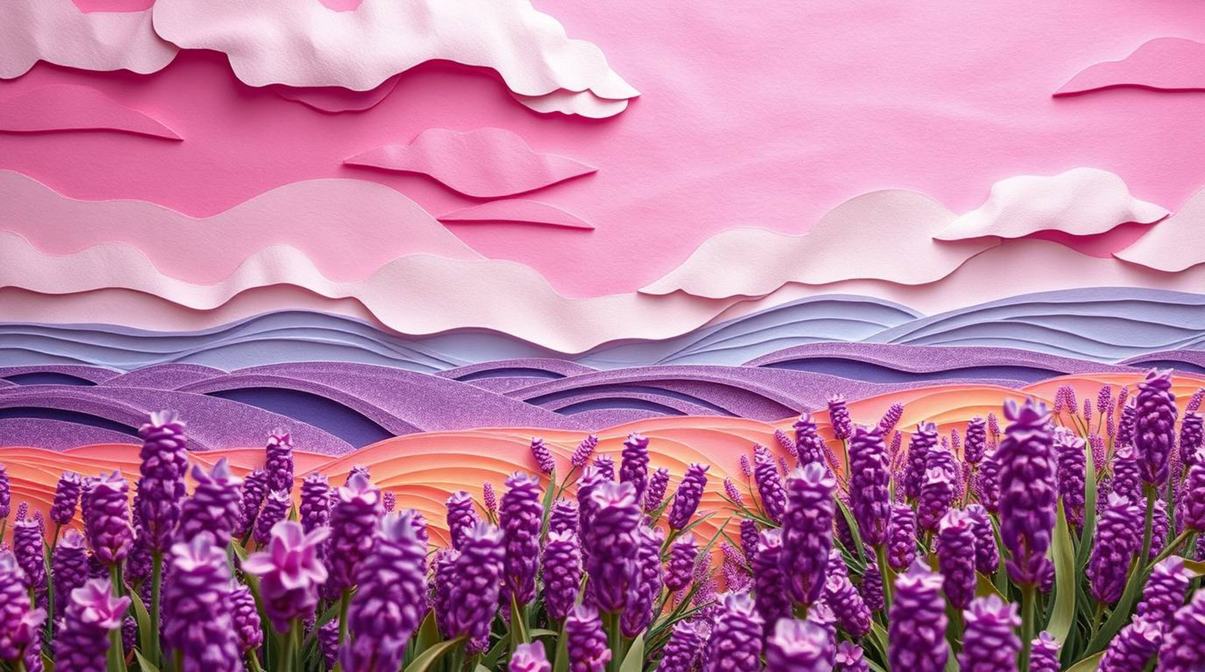 Experience the beauty of layered papier-mâché art depicting lavender fields bathed in the soft glow of a dreamy pink sky. Thi