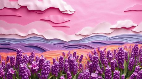 Experience the beauty of layered papier-mâché art depicting lavender fields bathed in the soft glow of a dreamy pink sky. Thi
