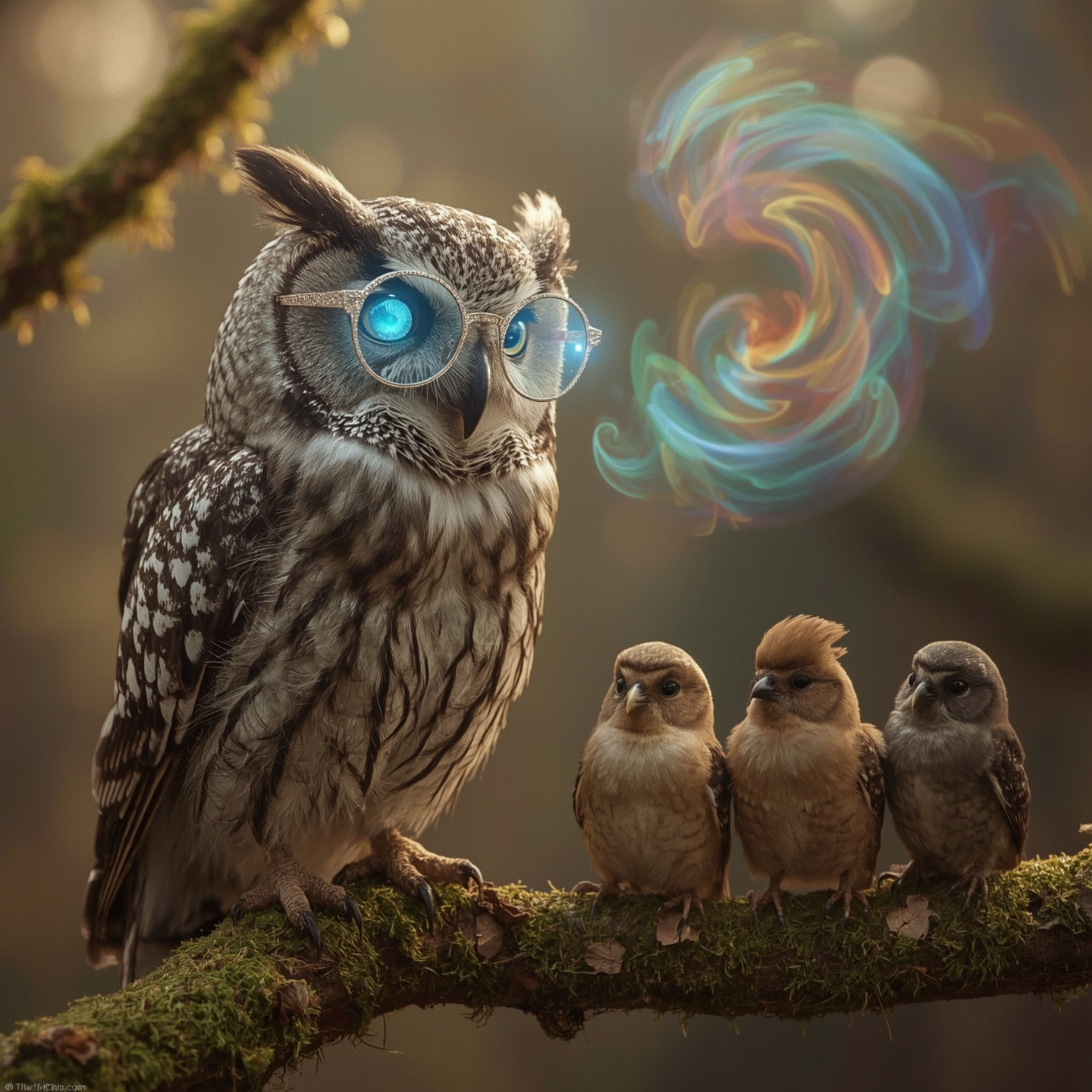 Witness a captivating scene: a blind owl with sleek grey and white feathers, adorned with stylish magical glasses featuring g