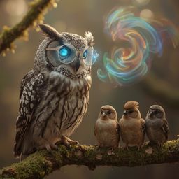 Witness a captivating scene: a blind owl with sleek grey and white feathers, adorned with stylish magical glasses featuring g