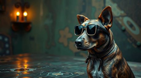 A captivating image of a dog detective, equipped with high-tech gadgets, stands in a mystic, enchanting environment.  The sce