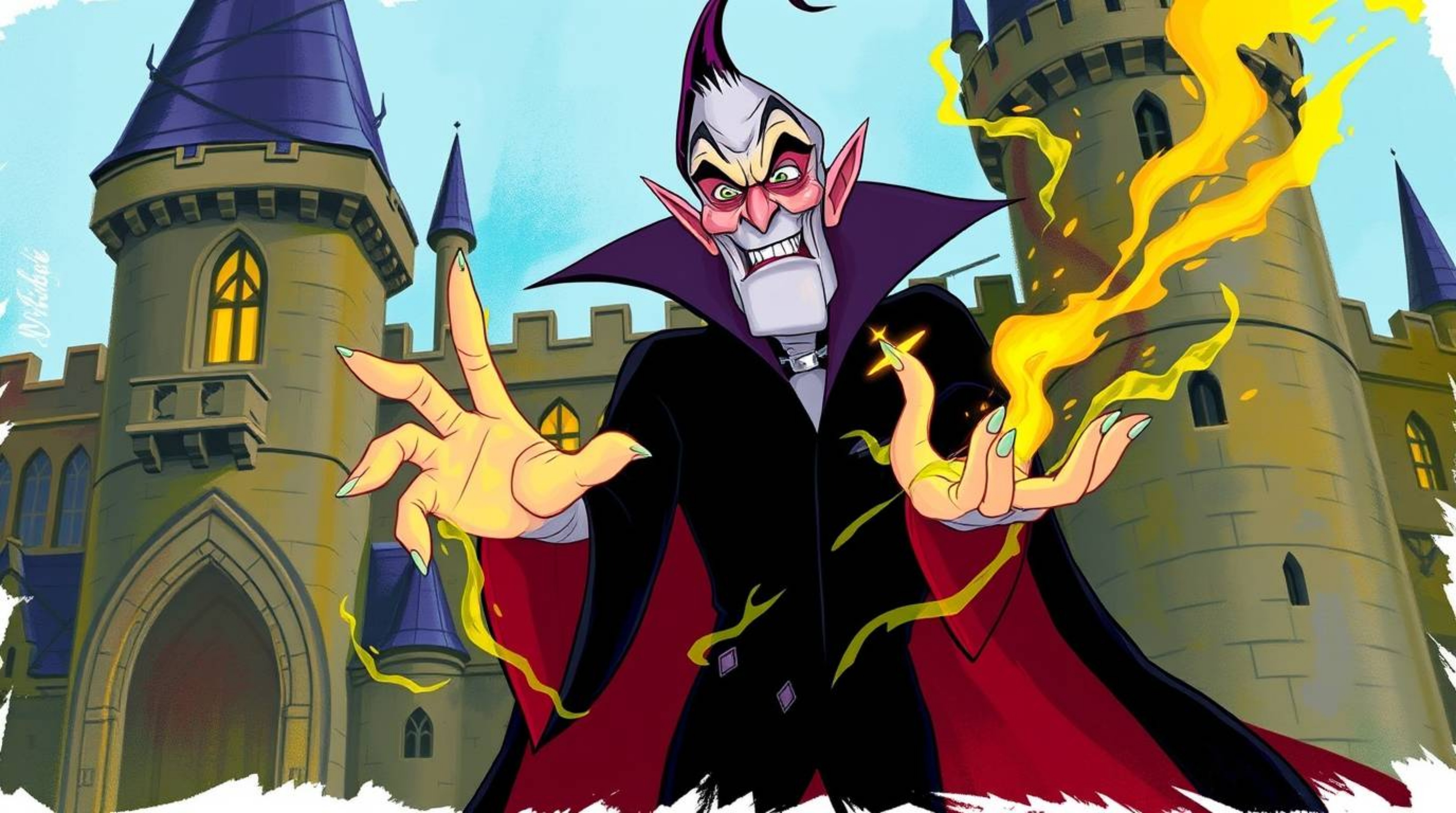 A classic Disney villain with sharp features and pale skin is depicted casting a vibrant spell within a majestic, old stone c