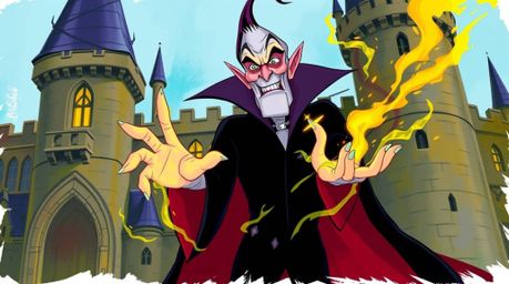 A classic Disney villain with sharp features and pale skin is depicted casting a vibrant spell within a majestic, old stone c