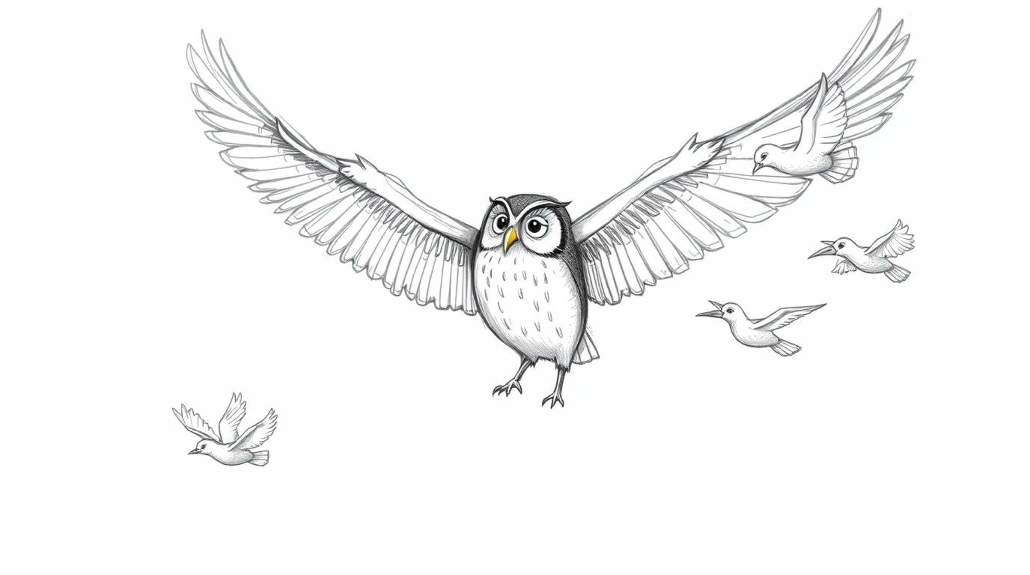 A captivating hand-drawn sketch depicts a blind owl, in a Pixar-esque style, imparting wisdom to birds in flight. Dynamic fea