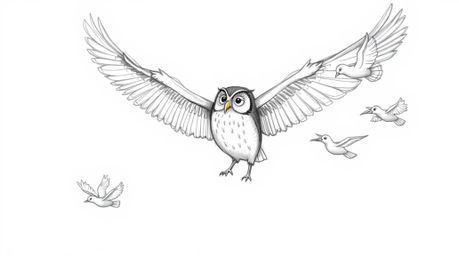 A captivating hand-drawn sketch depicts a blind owl, in a Pixar-esque style, imparting wisdom to birds in flight. Dynamic fea