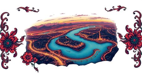 A stunning traditional tattoo art print depicting a bird's-eye view of a vibrant river delta glowing in twilight colors.  Thi