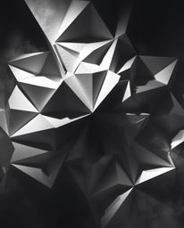 This artwork showcases volumetric lighting illuminating an intricate origami-style 3D geometric pattern reminiscent of folded