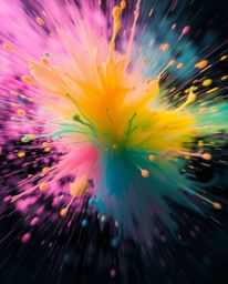 Experience the captivating beauty of a dynamic, high-speed photograph showcasing a colorful paint splash frozen in motion. Th