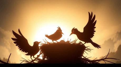 Witness two cartoon birds diligently constructing their nest in a breathtaking scene rendered in classic animation style. Si