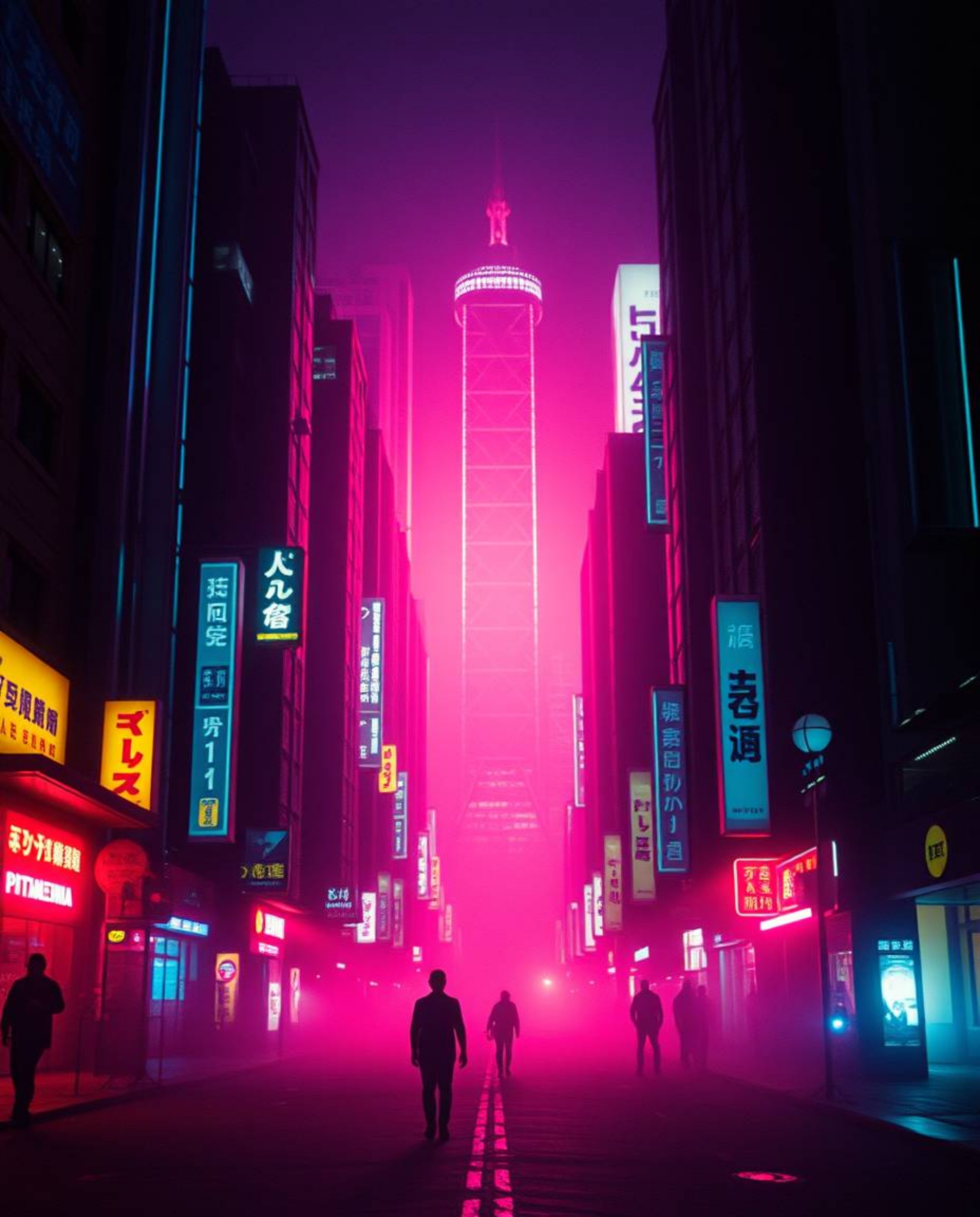 A captivating pixelated glitch image depicting a cyberpunk street scene bathed in intense neon haze and dramatic lighting.  T