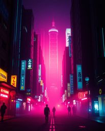 A captivating pixelated glitch image depicting a cyberpunk street scene bathed in intense neon haze and dramatic lighting.  T