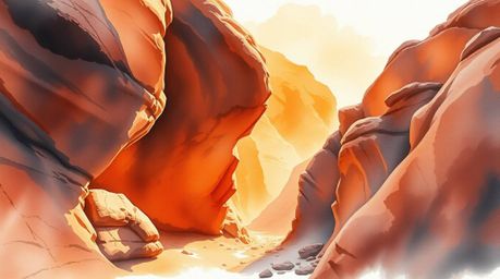 A stunning watercolor painting depicts a dramatic rocky canyon scene bathed in warm sunset hues.  The artwork utilizes high c