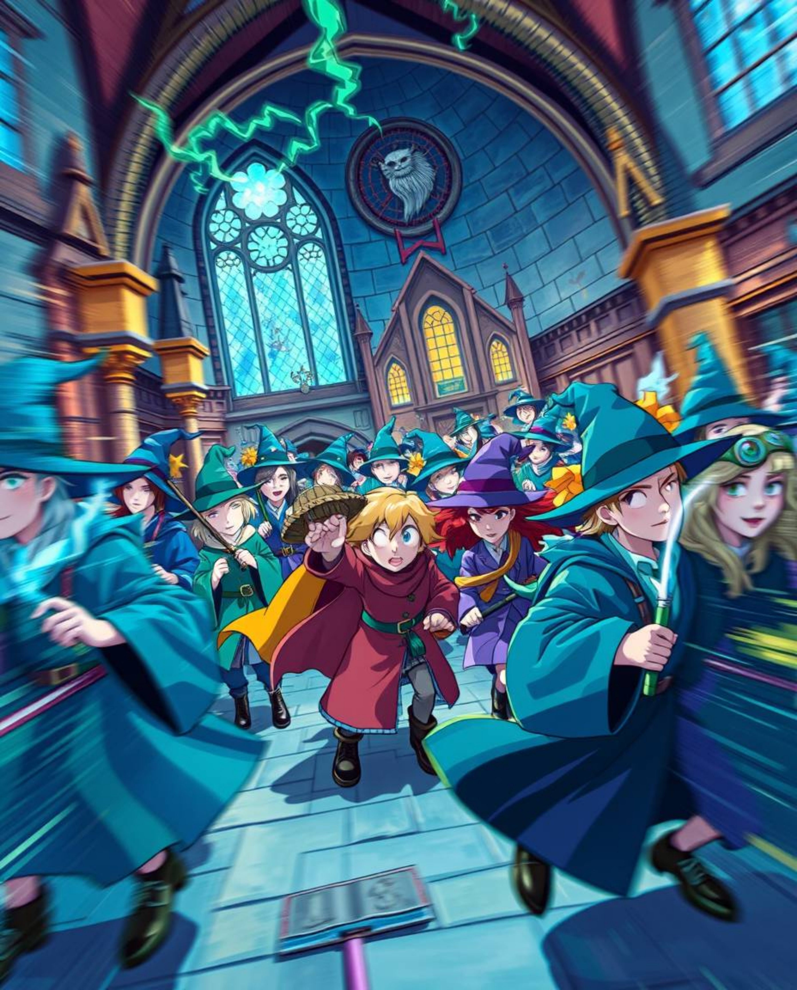 A vibrant and dynamic illustration of a magical school brimming with young wizards. The artwork features cool colors, capturi
