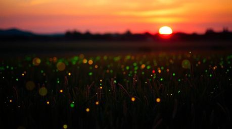 Experience the magic of a dramatic cinematic scene with glowing bioluminescent colors as the sun sets over a quiet meadow. Fi