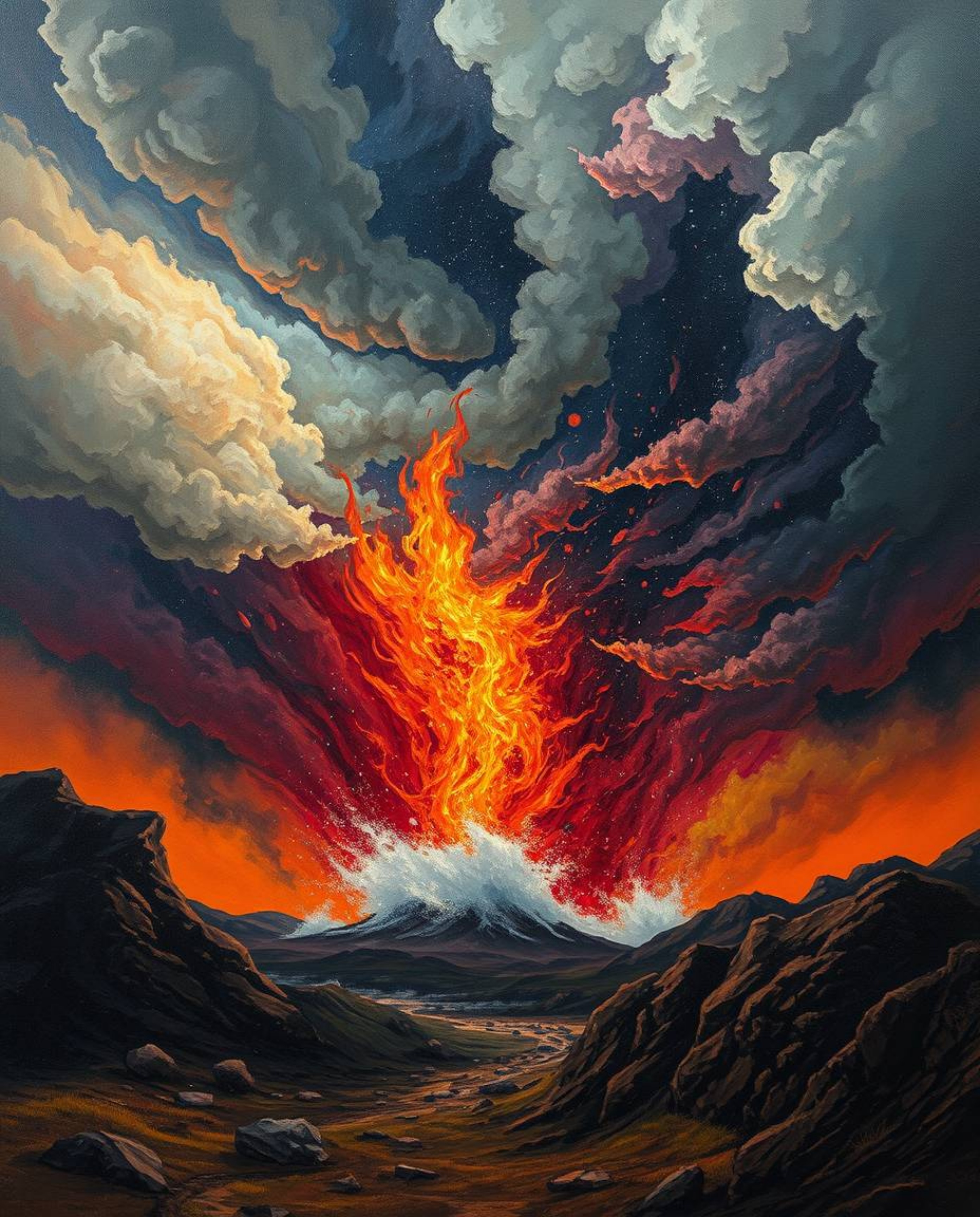 Immerse yourself in a surreal storm rendered in the style of a classic oil painting, boasting rich textures and dramatic cont