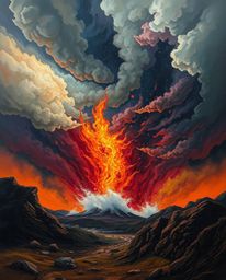 Immerse yourself in a surreal storm rendered in the style of a classic oil painting, boasting rich textures and dramatic cont