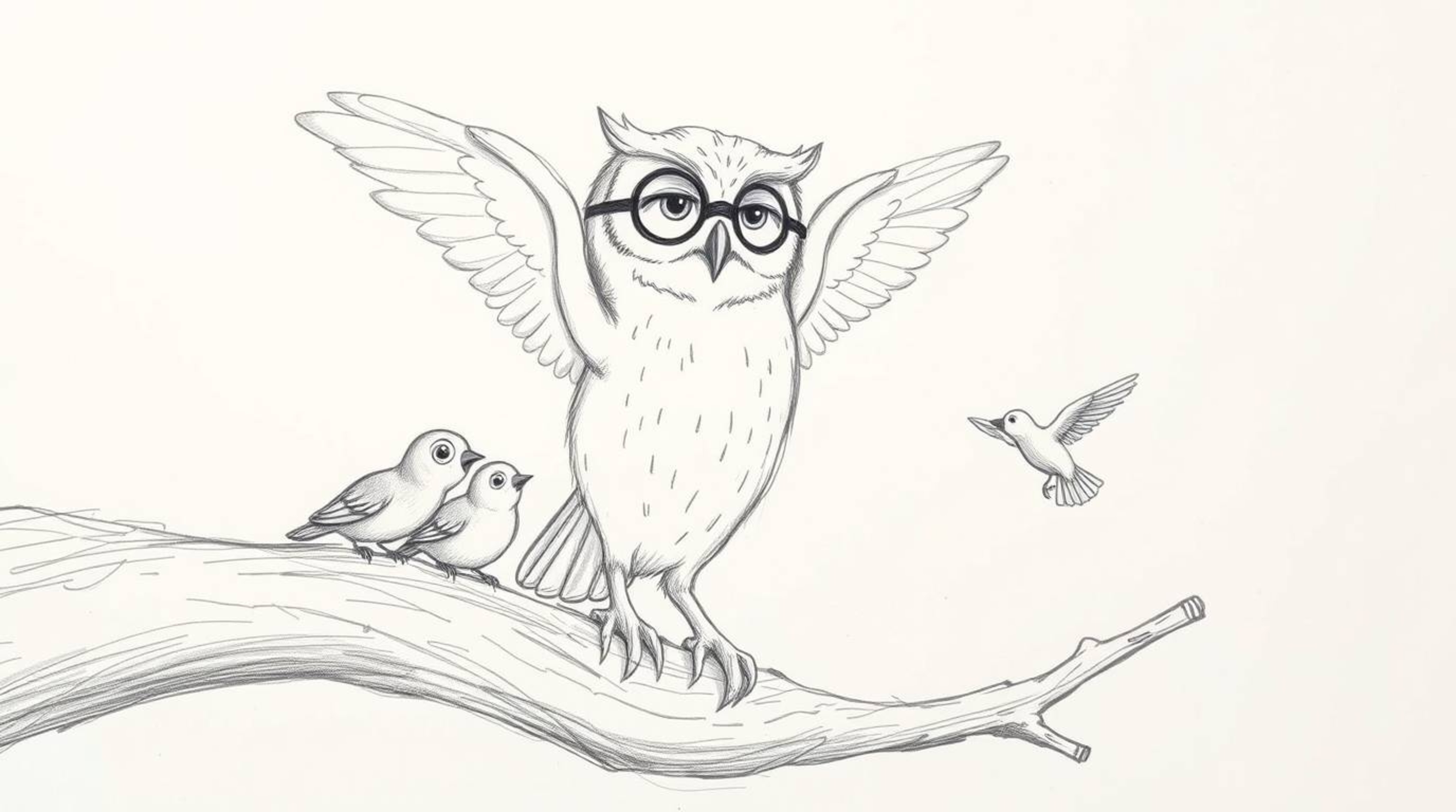 A charming hand-drawn Pixar-style sketch depicts a blind owl, its wings rhythmically tapping on a hollow branch as it guides 