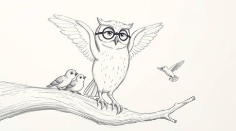 A charming hand-drawn Pixar-style sketch depicts a blind owl, its wings rhythmically tapping on a hollow branch as it guides 