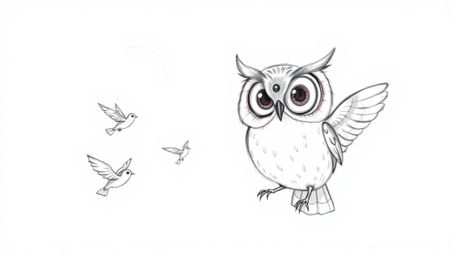 A heartwarming hand-drawn sketch in the style of Pixar depicts a blind owl with large, gentle eyes compassionately guiding sm