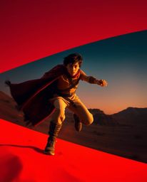 A captivating long-exposure photograph depicts a brave, Disney-style hero embarking on a thrilling desert adventure.  The ima