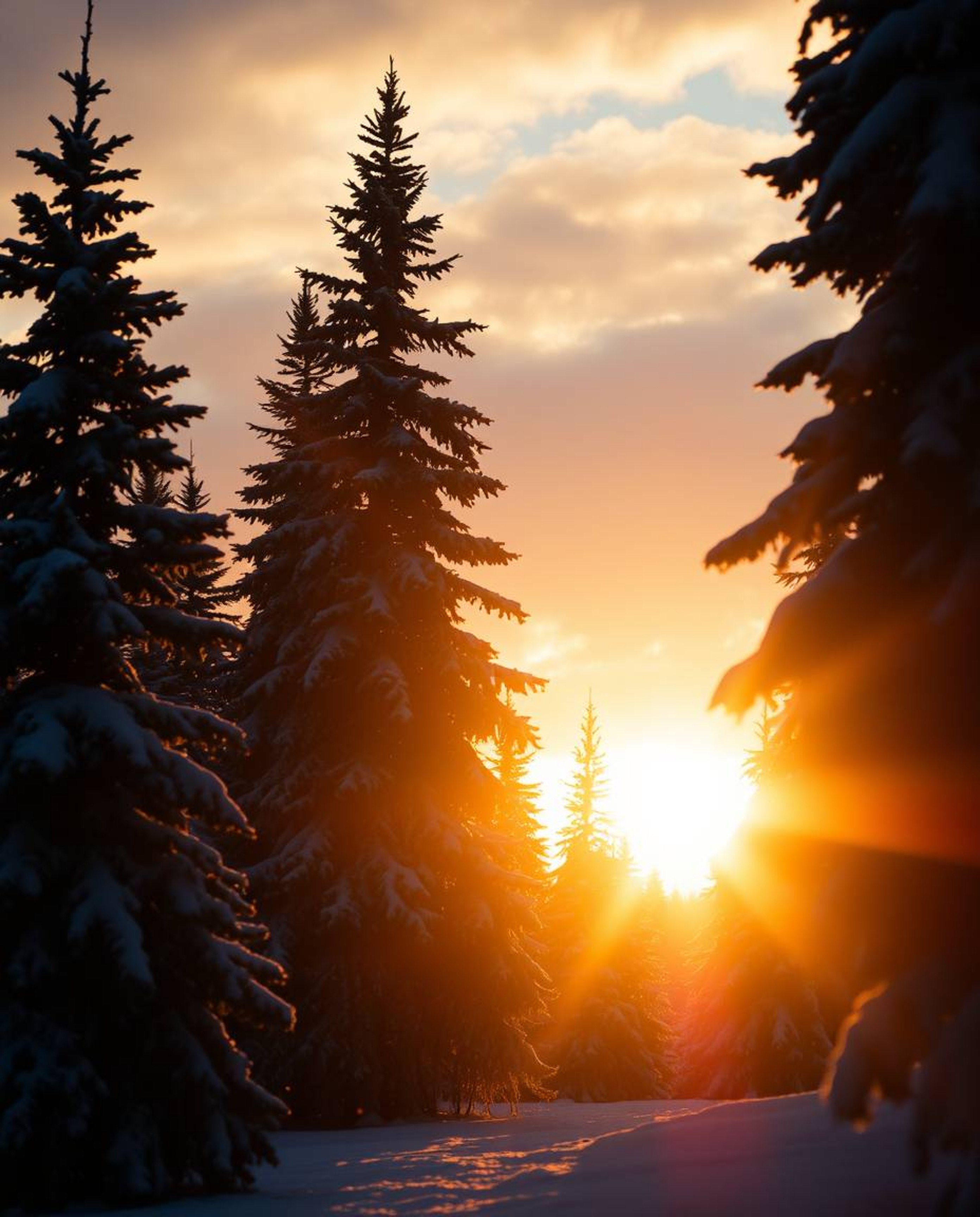 A dramatic cinematic silhouette of snowy pine trees stands against a stunning sunset. The trees are backlit with sparkling li