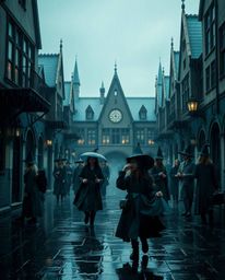 Immerse yourself in a magical school brimming with young wizards, depicted in rich deep teal tones. A wet, rainy scene unfold