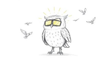 A heartwarming hand-drawn sketch inspired by Pixar, featuring a blind owl with sunlit, glowing feathers guiding birds to take