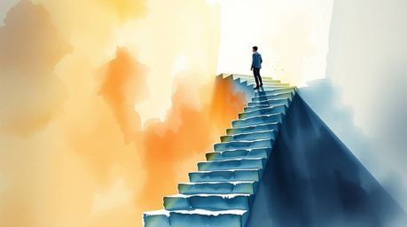 This captivating watercolor painting depicts a solitary figure ascending a stone staircase towards a radiant beam of divine l
