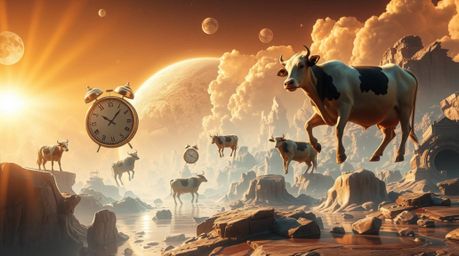 Explore a breathtaking surreal dreamscape featuring melting clocks and floating cows in a grand, epic scene. This modern, fut