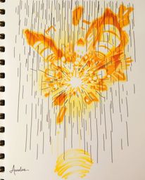 This captivating image showcases a hand-drawn sketch of colliding galaxies in a cosmic explosion, bathed in a warm golden glo