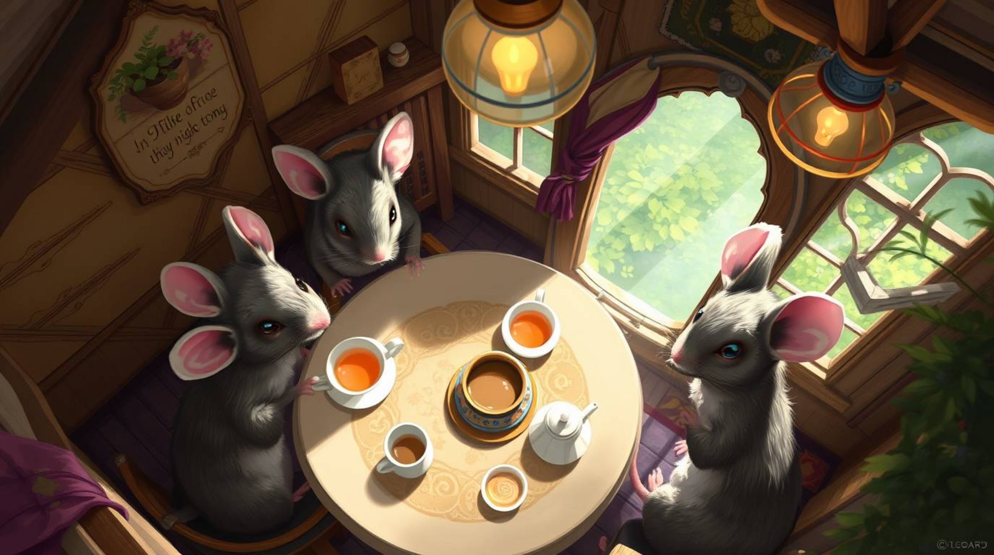 A charming digital painting showcases a high-angle view of anthropomorphic mice enjoying a delightful tea party within a cozy