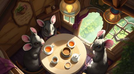 A charming digital painting showcases a high-angle view of anthropomorphic mice enjoying a delightful tea party within a cozy