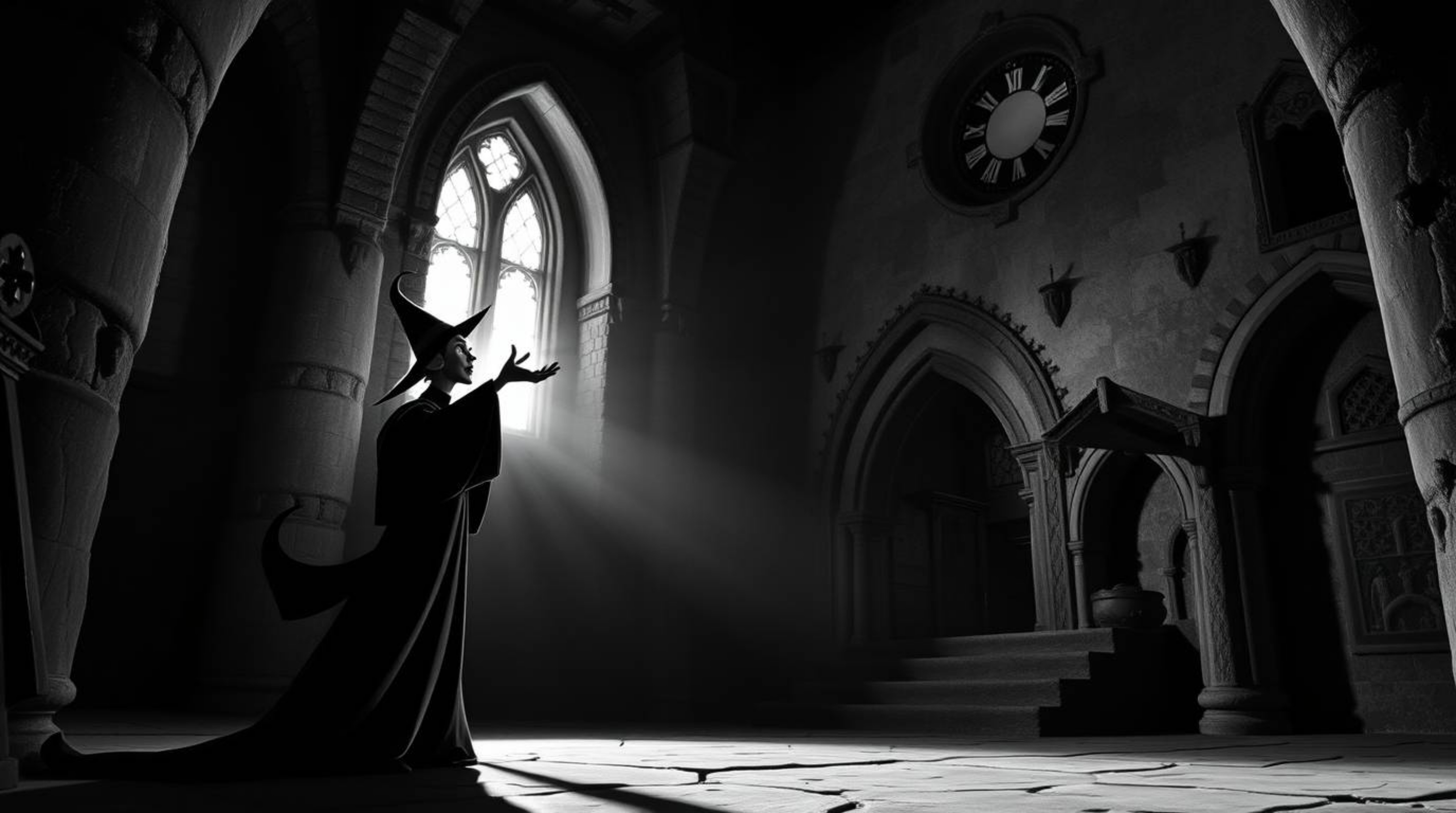 A captivating black and white image depicts a classic Disney villain casting a spell within the ancient walls of a castle. Hi