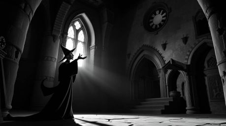 A captivating black and white image depicts a classic Disney villain casting a spell within the ancient walls of a castle. Hi