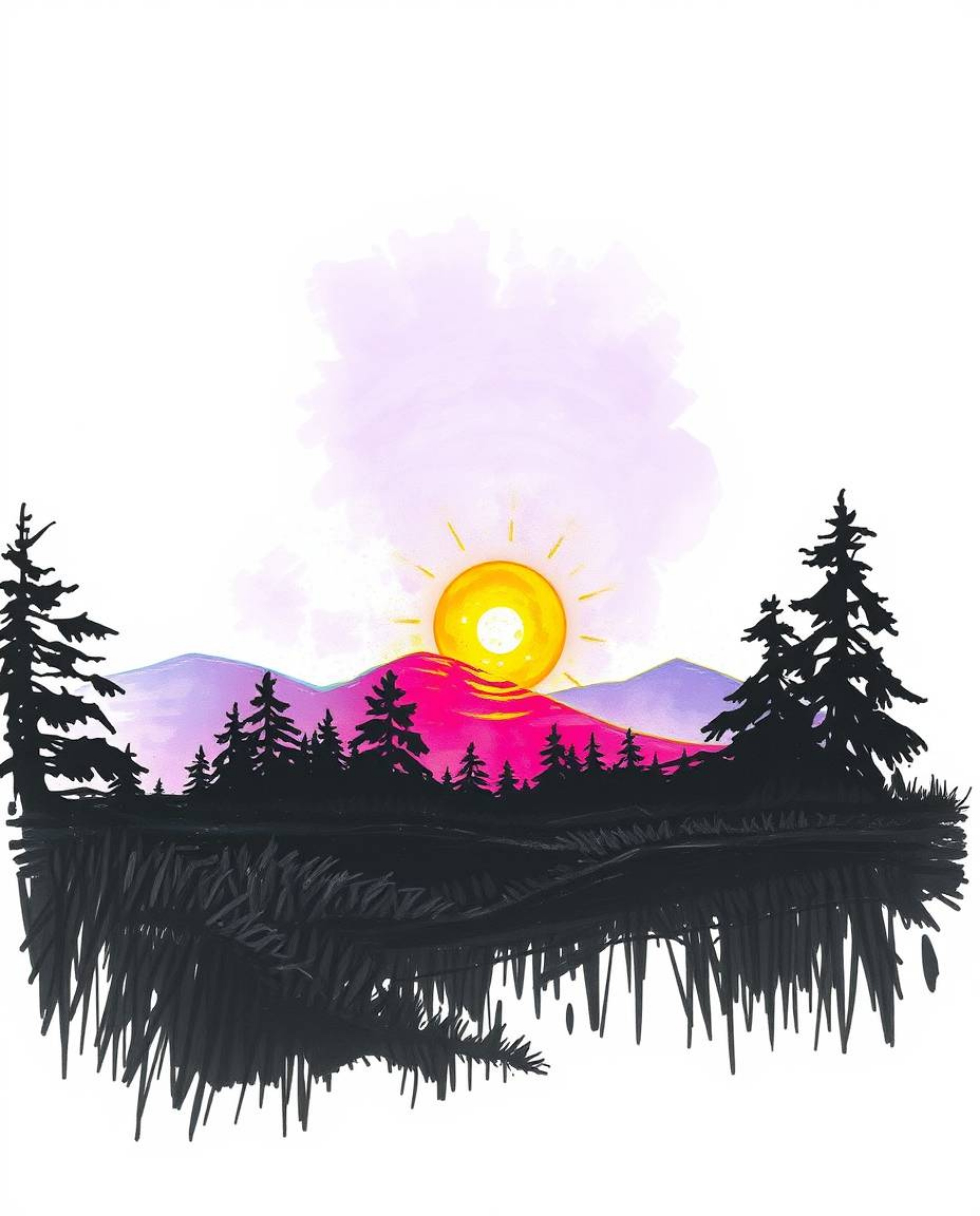 Explore a captivating hand-drawn sketch of a digital glitch landscape bathed in silhouetted backlighting.  This piece, render