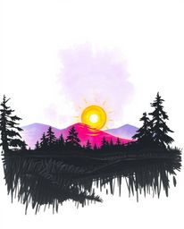 Explore a captivating hand-drawn sketch of a digital glitch landscape bathed in silhouetted backlighting.  This piece, render