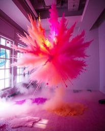 Immerse yourself in a room exploding with paint, bathed in dramatic volumetric lighting. This scene showcases a vibrant palet