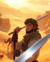 Embark on a breathtaking Disney-style desert adventure featuring a brave hero bathed in a warm, golden glow.  Experience the 