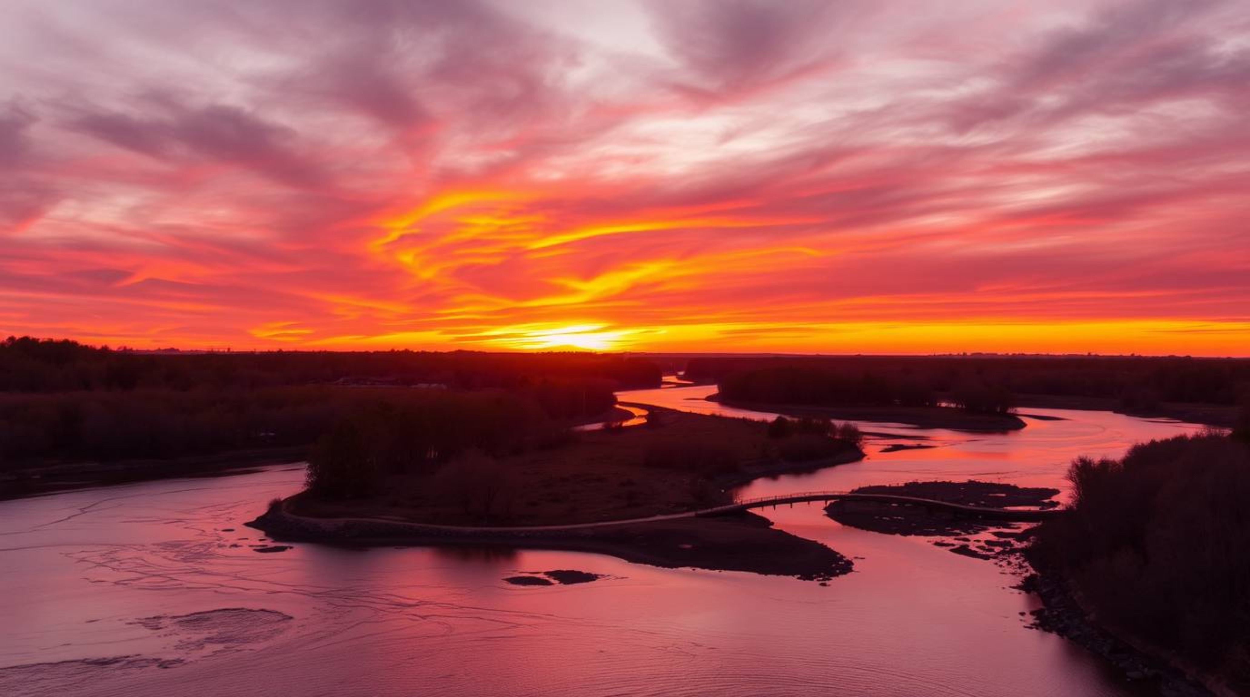 A captivating image of a winding river bathed in warm golden hour light, glowing under a dramatic orange-pink sky.  The soft,