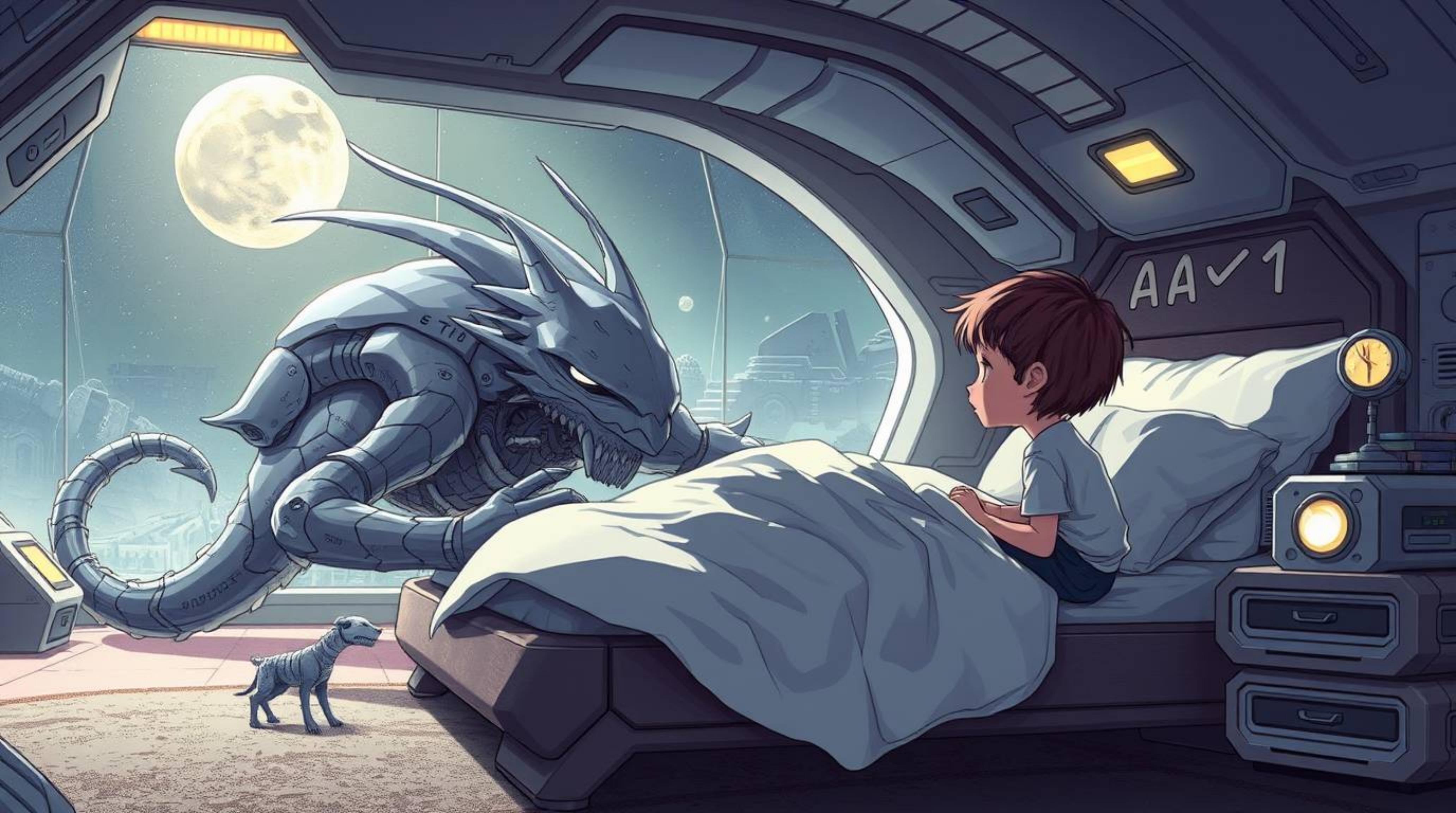 This captivating futuristic sci-fi illustration depicts an unlikely friendship between an elegant monster residing under a be