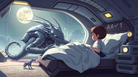 This captivating futuristic sci-fi illustration depicts an unlikely friendship between an elegant monster residing under a be