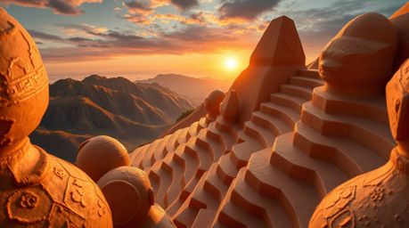 Experience a captivating high-angle perspective of sculptural clay art, masterfully inspired by a breathtaking sunset over mo