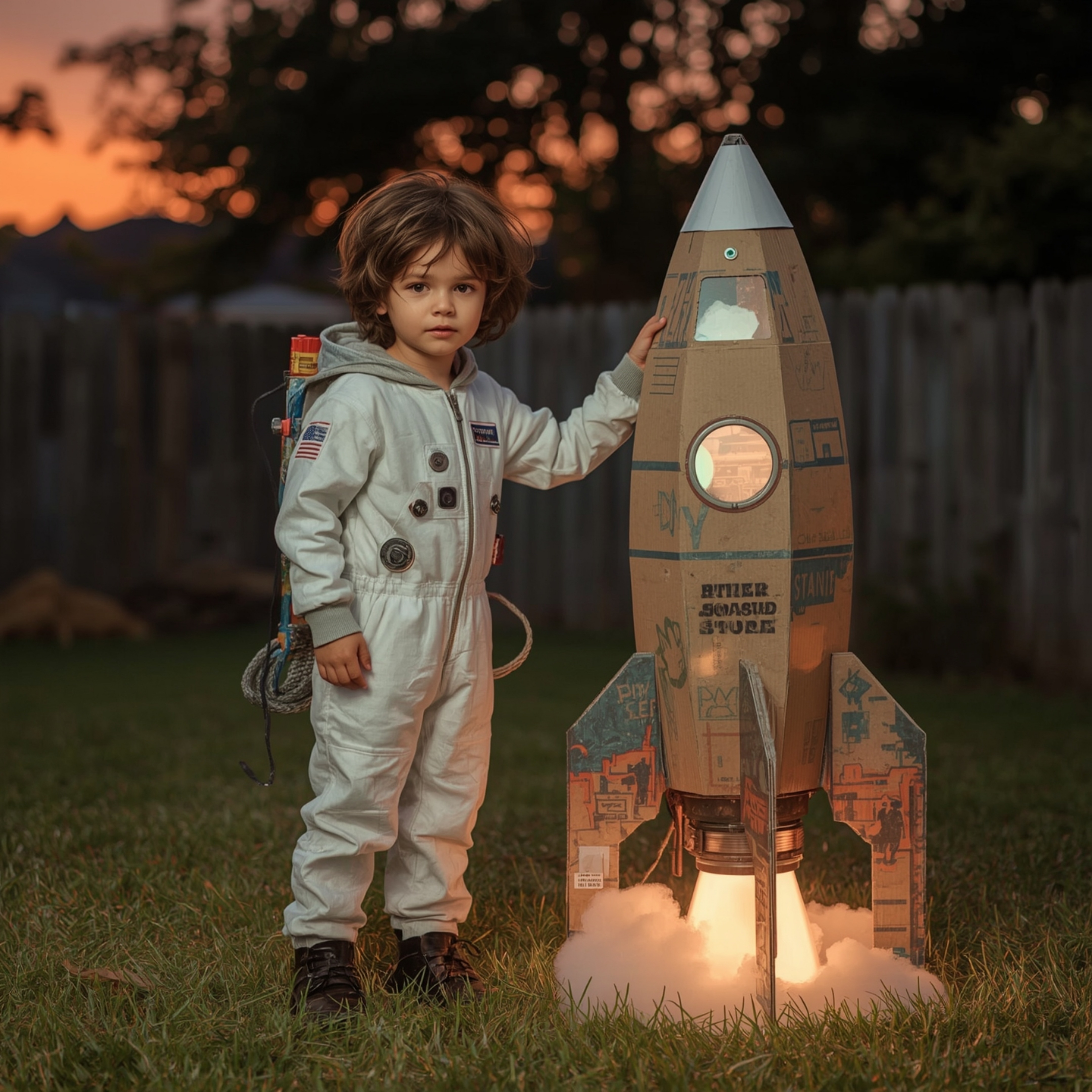 A captivating high fashion photograph capturing the essence of childhood wonder. It features a young boy with messy brown hai