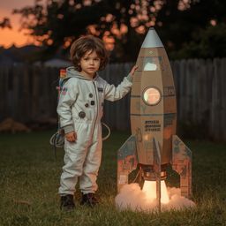 A captivating high fashion photograph capturing the essence of childhood wonder. It features a young boy with messy brown hai