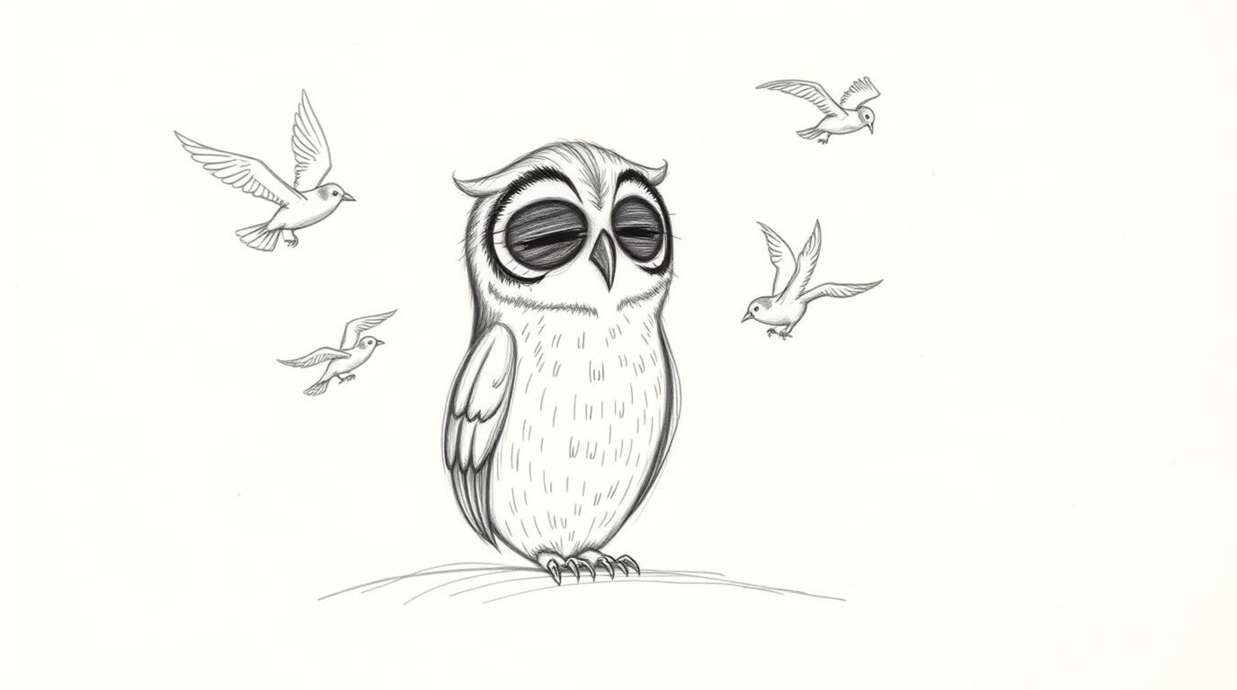 A hand-drawn sketch in the style of Pixar Animation Studios depicting a blind owl rendered with textured pencil strokes, sitt