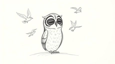 A hand-drawn sketch in the style of Pixar Animation Studios depicting a blind owl rendered with textured pencil strokes, sitt