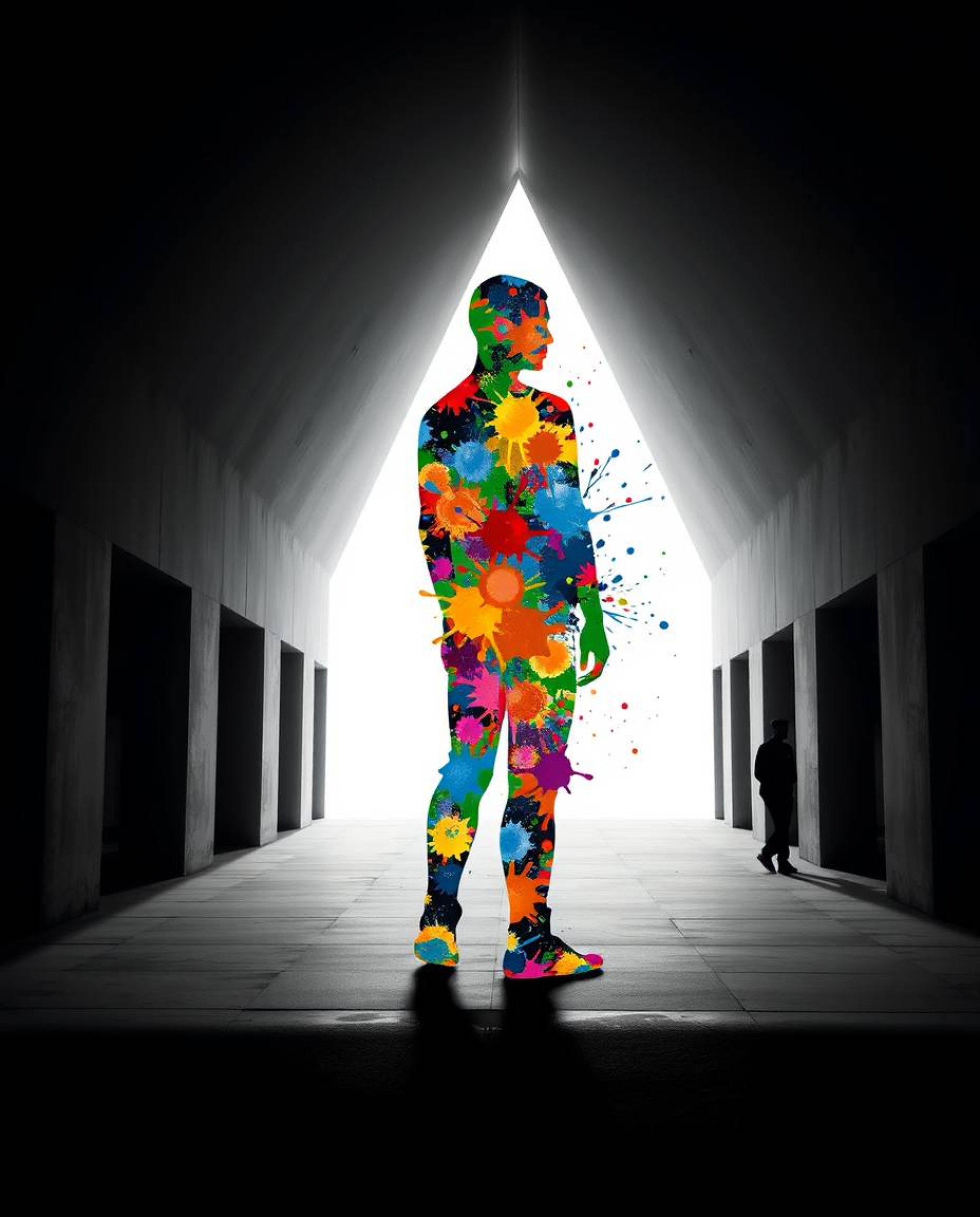 Explore a stunning architectural color photograph showcasing a high-contrast, low-key composition. A human silhouette, unique