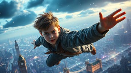 A young boy with determined eyes and windswept hair heroically flies above a sprawling, futuristic London. The scene is massi