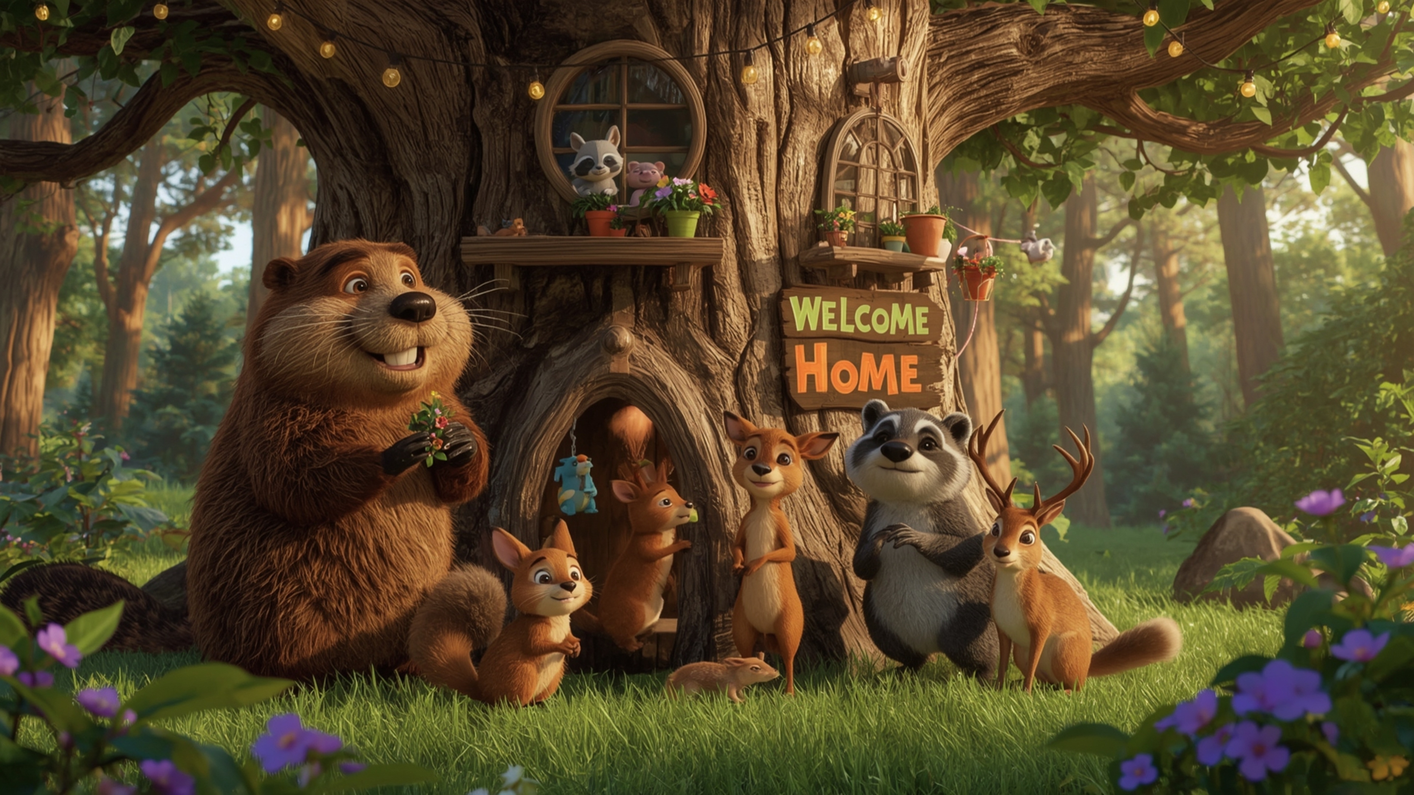 A vibrant, high-resolution stock photo captures a heartwarming scene reminiscent of a Pixar animation. A kind, smiling beaver