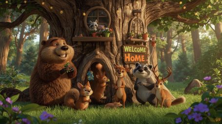A vibrant, high-resolution stock photo captures a heartwarming scene reminiscent of a Pixar animation. A kind, smiling beaver